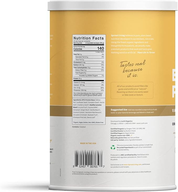 Sprout Living Epic Protein, Plant Based 20 Grams (2 Pound, 24 Servings)
