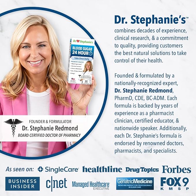 Blood Sugar 24 Hour - 7 in 1 Formula with Cinnamon, Banaba, Chromium, Milk Thistle, & More - Once Daily Supplement by Dr. Stephanie's