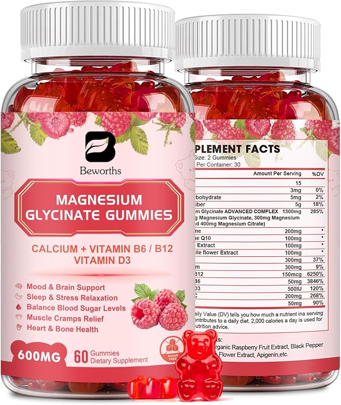 Magnesium Glycinate Gummies, 600Mg Magnesium Supplement Q10, Vitamin, 60 Vegan