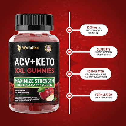 WELLUTION Keto Apple Cider Vinegar Gummies - 1000mg ACV, Vitamin B12, Folate & Antioxidants - 60 Vegan Gummies