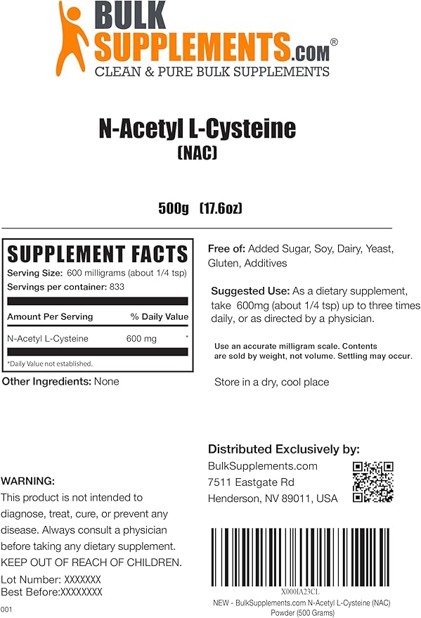 BulkSupplements.com NAC Powder 600mg, NAC 600mg per 833 Servings, 500g 1.1 1.1 lbs 1)