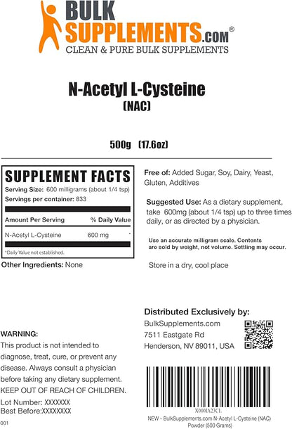 BulkSupplements.com NAC Powder 600mg, NAC 600mg per 833 Servings, 500g 1.1 1.1 lbs 1)