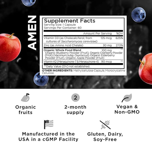 Amen Vitamin D, K2 & Zinc, Cholecalciferol D3 5000 IU, Organic Whole Food Blend with Apple, Blueberry, Cranberry, Elderberry Powder Fruits, Vegan Supplement, D3 K2 Vitamins, Non-GMO - 60 Capsules