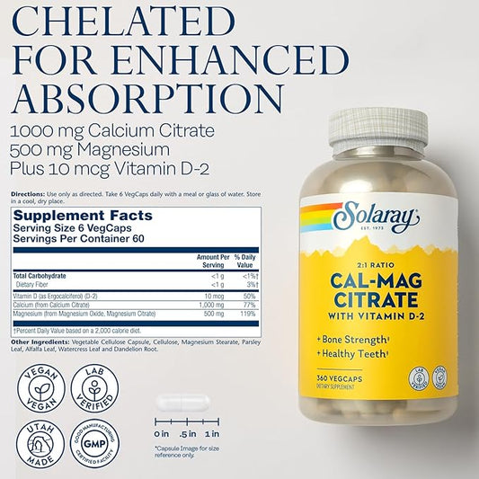 Solaray Calcium Magnesium Citrate 2:1 Ratio D2, Healthy 60 Serv, 360 VegCaps