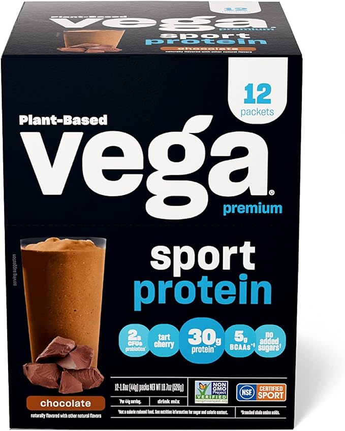 Vega Sport Premium Vegan Protein Powder, Chocolate 30g Plant 5g BCAAs, 12 x 1.6 oz