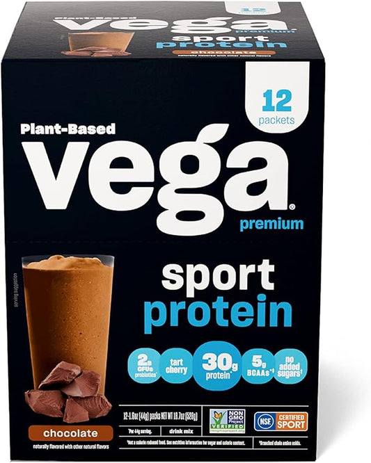 Vega Sport Premium Vegan Protein Powder, Chocolate 30g Plant 5g BCAAs, 12 x 1.6 oz