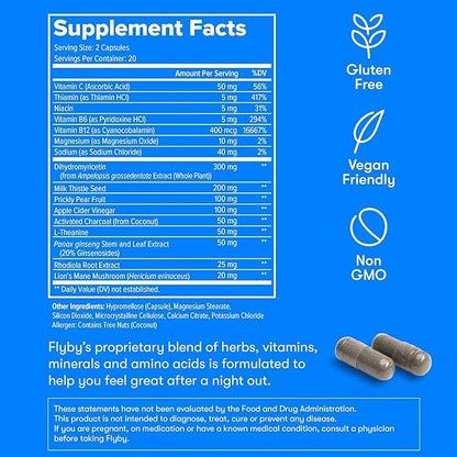 Flyby Recovery Supplement - All The Hang, Without The Over!™ - with Milk Thistle, Vitamin C, Activated Charcoal, and Apple Cider Vinegar - Pre & Post Drinking Formula (120 Count)