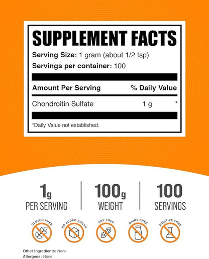 BulkSupplements.com Chondroitin Sulfate Powder - Chondroitin Sulfate Supplements, Chondroitin Sulfate 1000mg - Gluten Free, 1000mg per Serving, 100g (3.5 oz) (Pack of 1)