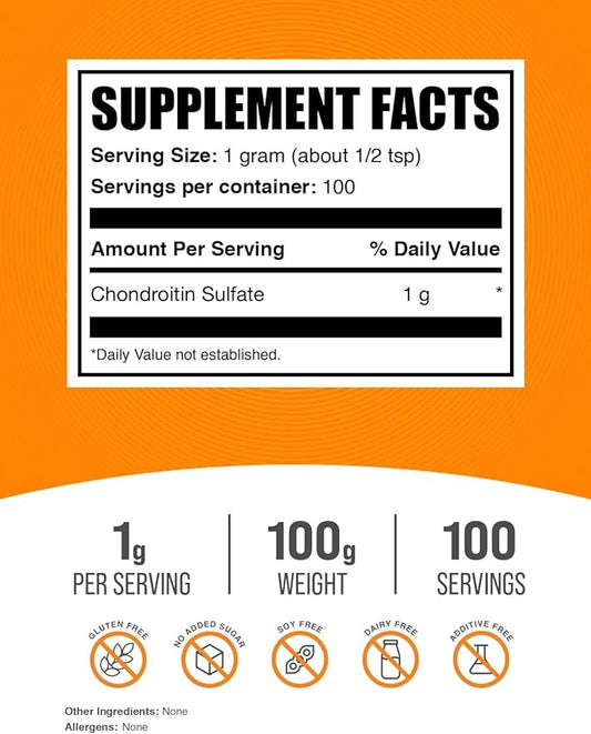 BulkSupplements.com Chondroitin Sulfate Powder - Chondroitin Sulfate Supplements, Chondroitin Sulfate 1000mg - Gluten Free, 1000mg per Serving, 100g (3.5 oz) (Pack of 1)