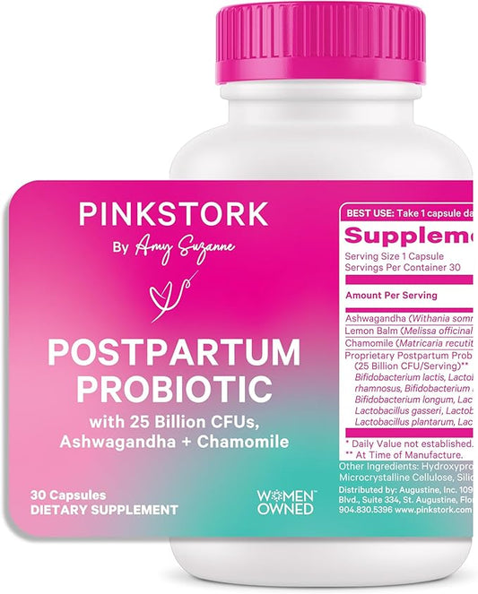 Pink Stork Probiotics for Postnatal Women - 30 Billion CFUS with Ashwagandha and Chamomile, Postpartum Essentials for Hormone Balance, Mood Support, Gut Health, Digestive Wellness, 30 Capsules