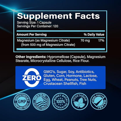 Premium Magnesium Citrate 500mg Capsules (Citrato de Magnesio) High Absorption Formula Chelated Buffered Citrate to Support Digestion, Bone, Sleep & Muscle Health - 120 Capsules