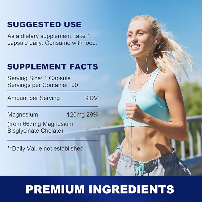 Magnesium Glycinate 667mg, 120mg Magnesium Supplement B6, Vitamin (90 Capsules)