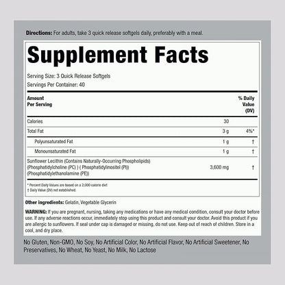 Piping Rock Sunflower Lecithin Softgel Capsules | 3600 mg | 120 Count | Rich in Phosphatidylcholine | Soy Free, Non-GMO, Gluten Free