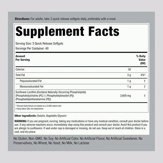 Piping Rock Sunflower Lecithin Softgel Capsules | 3600 mg | 120 Count | Rich in Phosphatidylcholine | Soy Free, Non-GMO, Gluten Free