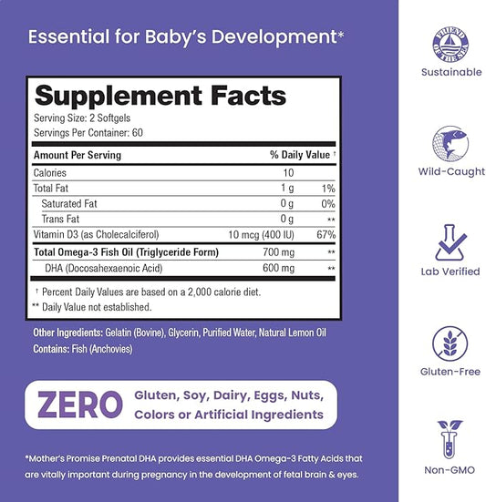 Prenatal DHA for Women 600mg + 400 IU D3 | 120 Softgels 3 Fish 300mg per