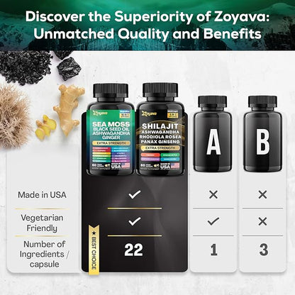 Zoyava Dynamic Vitality Bundle, Sea Moss 7000mg, Black 4000mg, Ashwagandha 2000mg, Ginger 9000mg, Rhodiola 1000mg, Panax (60 Count)