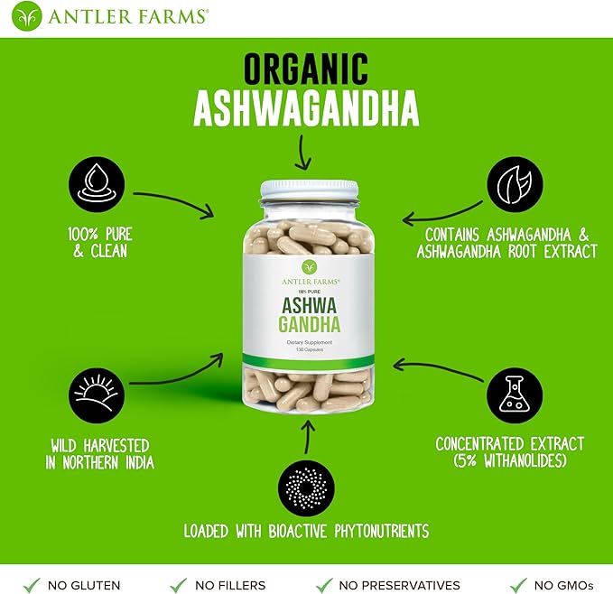 Antler Farms - 100% Pure Organic 130 Capsules, 1200mg – 5% withanolides,
