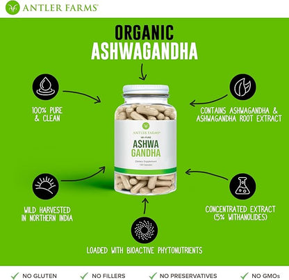 Antler Farms - 100% Pure Organic 130 Capsules, 1200mg – 5% withanolides,