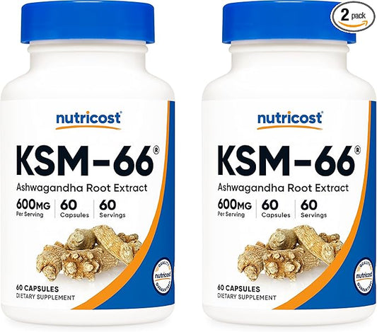 Nutricost KSM-66 Ashwagandha Root Extract 600mg, 60 Veggie Caps (2 Bottles) - 5% Withanolides - with BioPerine