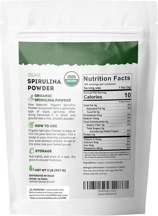 Kate Naturals Organic Spirulina Powder for Immune Support and Antioxidants. Nutrient Dense Superfood Supplement (2 lb, USDA Certified, Non-GMO, Gluten- Free)