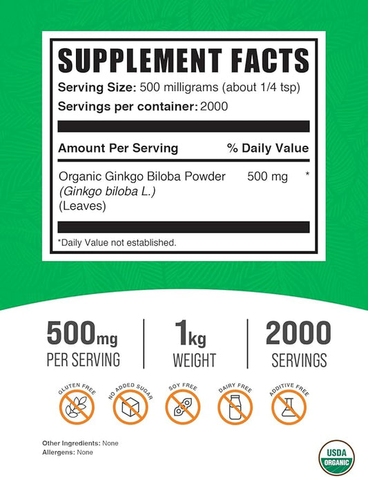 BulkSupplements.com Organic Ginkgo Biloba Powder 500mg per 1kg (2.2 (2.2 lbs) 1)