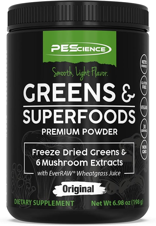 PEScience Greens & Superfoods Powder, Original, 30 Servings, Natural Chlorophyll with Turkey Tail Mushroom & Fruit Extracts Blend