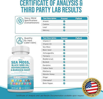 Sea Moss 3000mg Black Seed Oil 2000mg Ashwagandha 1000mg Bladderwrack 1000mg Turmeric 1000mg Burdock 1000mg Vitamin D3 Elderberry Women,60 Count