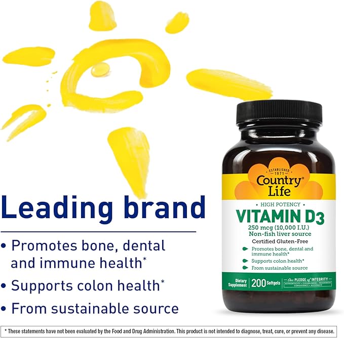 Country Life Vitamin D3, High Potency, Non-Fish, 10,000 IU, 200 Softgels, Certified Gluten Free