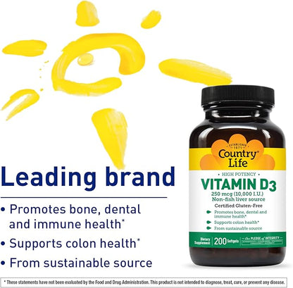 Country Life Vitamin D3, High Potency, Non-Fish, 10,000 IU, 200 Softgels, Certified Gluten Free