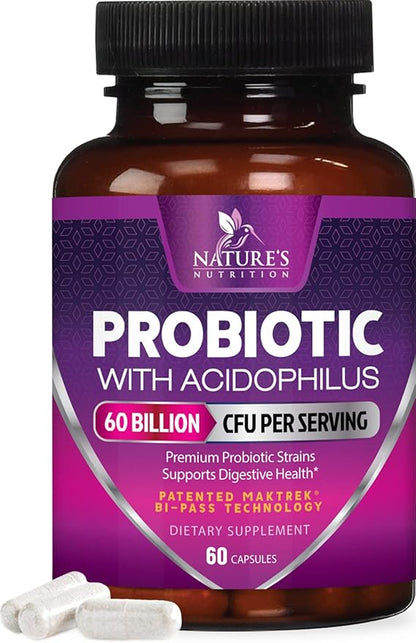 Probiotics 60 Billion CFU per Serving - 10 Strains + Prebiotics - Immune, Digestive & Gut Health Support, Supports Occasional Constipation, Gas & Bloating for Women & Men, Shelf Stable - 60 Capsules