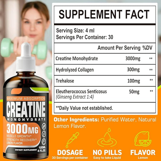 Creatine Monohydrate 3000mg, Creatine for Muscle Mass, Strength, Endurance - Creatine for Women and Men with Hydrolyzed Collagen & Trehalose, 8 Packs(Lemon Flavor)