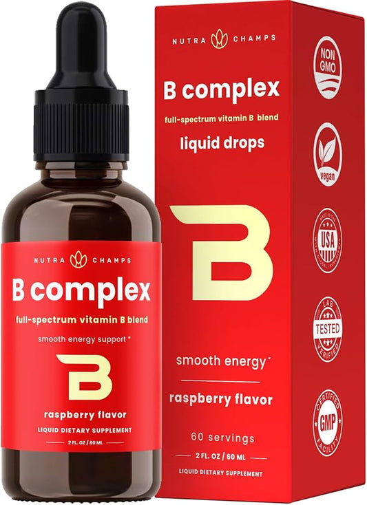 NutraChamps Vitamin B Complex Liquid Drops | B Vitamins Complex Supplement with B1, B2, B3, B6, B7, B9 & Methyl B12 Drops for Adults & Kids | Vegan Berry Flavor 2oz | 60 Servings / 2 Month Supply