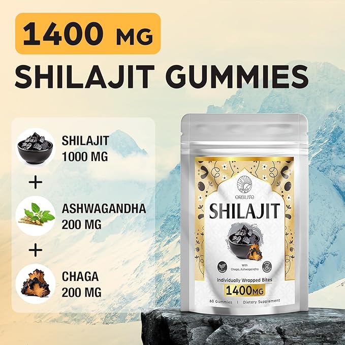 1400 MG Shilajit Gummies, Shilajit Pure Himalayan Organic Gummies with Ashwagandha, Himalayan shilajit for Men, 85+ Trace Minerals & Fulvic Acid, Individually Wrapped, Sugar-Free, 60 Gummies