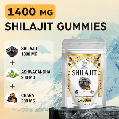 1400 MG Shilajit Gummies, Shilajit Pure Himalayan Organic Gummies with Ashwagandha, Himalayan shilajit for Men, 85+ Trace Minerals & Fulvic Acid, Individually Wrapped, Sugar-Free, 60 Gummies
