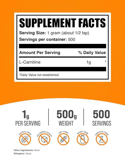 BulkSupplements.com L-Carnitine Powder - Carnitine Supplement, L Carnitine 1000mg, Carnitine Powder - Amino Acid Supplement, Gluten Free, 1g per Serving, 500g (1.1 lbs) (Pack of 1)