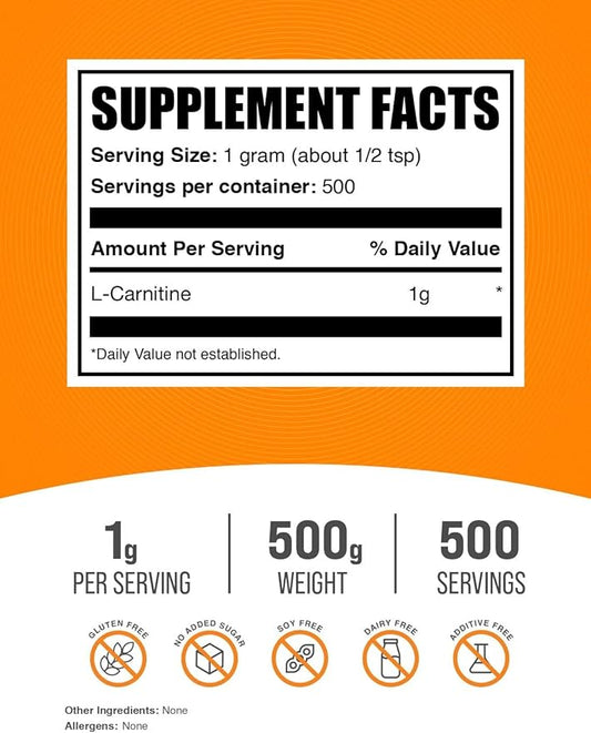 BulkSupplements.com L-Carnitine Powder - Carnitine Supplement, L Carnitine 1000mg, Carnitine Powder - Amino Acid Supplement, Gluten Free, 1g per Serving, 500g (1.1 lbs) (Pack of 1)