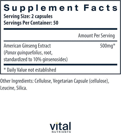Vital Nutrients - American Ginseng - 100 Vegetarian 250 mg
