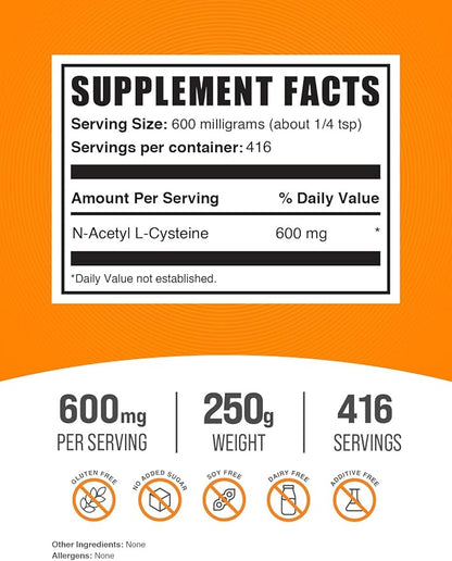 BulkSupplements.com NAC Powder - N-Acetyl Cysteine 600mg, NAC Supplement - Antioxidant Support, Gluten Free - 600mg per Serving, 416 Servings, 250g (8.8 oz) (Pack of 1)