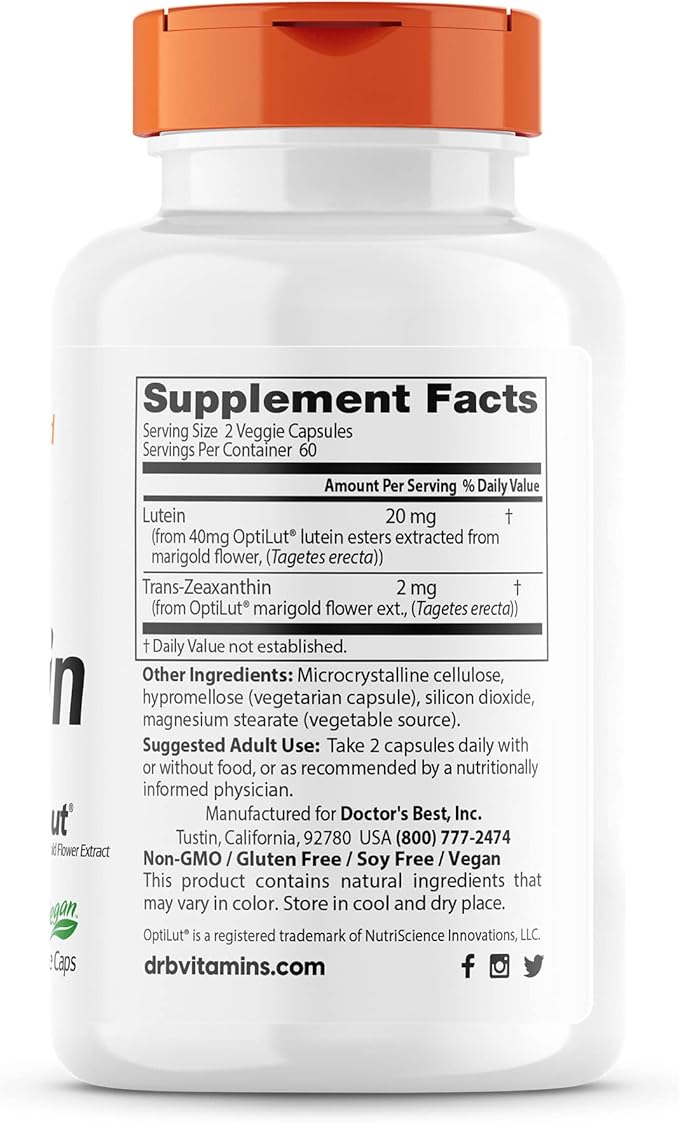 Doctor's Best Lutein with OptiLut Non-GMO, 20 mg, 120 Veggie