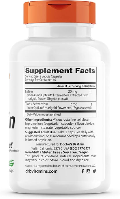Doctor's Best Lutein with OptiLut Non-GMO, 20 mg, 120 Veggie
