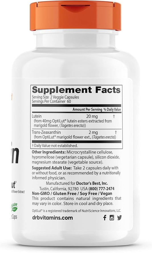 Doctor's Best Lutein with OptiLut Non-GMO, 20 mg, 120 Veggie