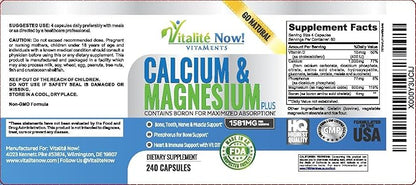 Best Calcium & Magnesium + Vitamin D3 400 IU - Highly Absorbable with Boron - 10 Forms of Calcium + Phosphorus for Bone Strength - All Natural - 240 Capsules - 2 Month Supply!