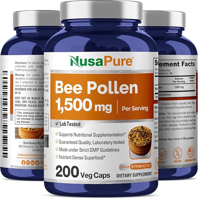 NusaPure Bee Pollen 1500mg 200 Veggie (100% Vegetarian,