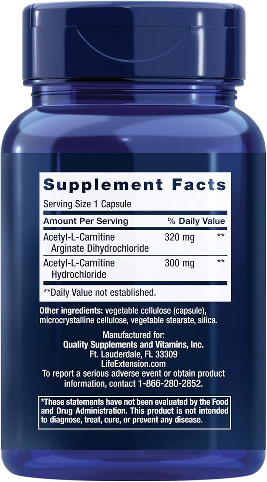 Life Extension Acetyl-L-Carnitine Arginate, Advanced Brain & Nerve Health, Cellular Energy Support, Gluten-Free, Non-GMO, 90 Capsules
