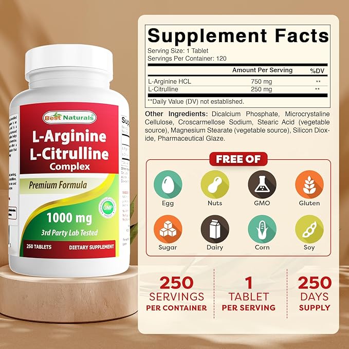 Best Naturals L-Arginine L-Citrulline Complex 1000 mg 250 Tablets (250 Count (Pack of 2))