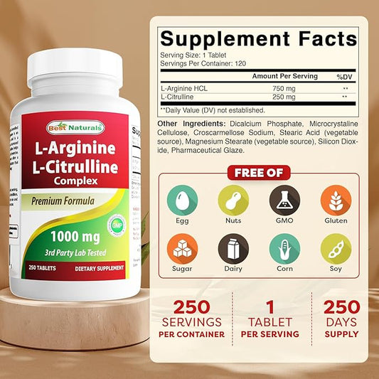 Best Naturals L-Arginine L-Citrulline Complex 1000 mg 250 Tablets (250 Count (Pack of 2))