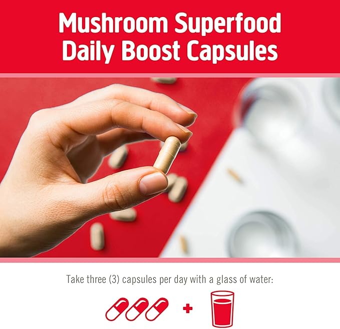 Om Mushroom Superfood Immune Defense Mushroom Capsules Superfood Supplement, 90 Count, 30 Days, Mushroom Blend, Reishi, Turkey Tail, Maitake, Agaricus Blazei, Vitamin C, Vegan