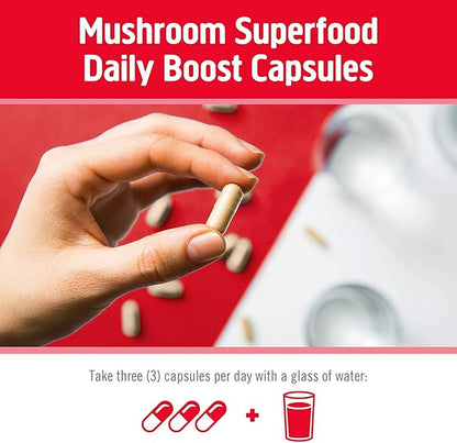 Om Mushroom Superfood Immune Defense Mushroom Capsules Superfood Supplement, 90 Count, 30 Days, Mushroom Blend, Reishi, Turkey Tail, Maitake, Agaricus Blazei, Vitamin C, Vegan