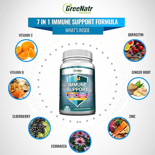 7 in 1 Immune Support Supplement with Vitamin C, D3, Zinc 50mg, Quercetin, Echinacea Purpurea, Sambucus Elderberry and Ginger for Complete Immune Defense - 60 Capsules (3 Bottles)