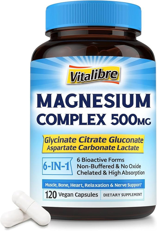 Magnesium Complex 500mg, 6 in 1 Chelated Magnesium Glycinate, Citrate, Aspartate, Gluconate, Carbonate & Lactate, Max Absorption Supplement for Sleep, Calm & Muscle, 120 Vegan Caps, No Magnesium Oxide